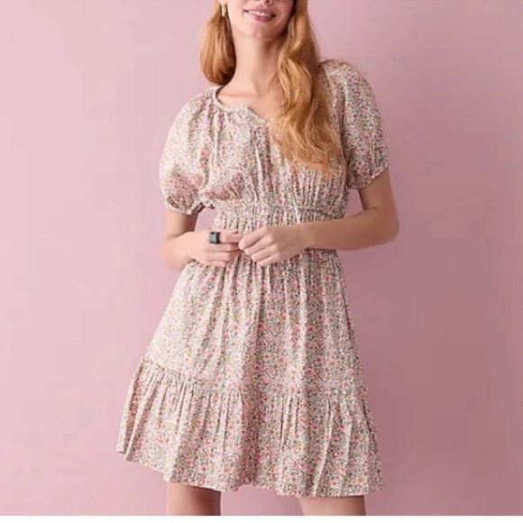 J.Crew cinched-waist puff sleeve dress in scattered blooms NWOT BK948 - Picture 1 of 10